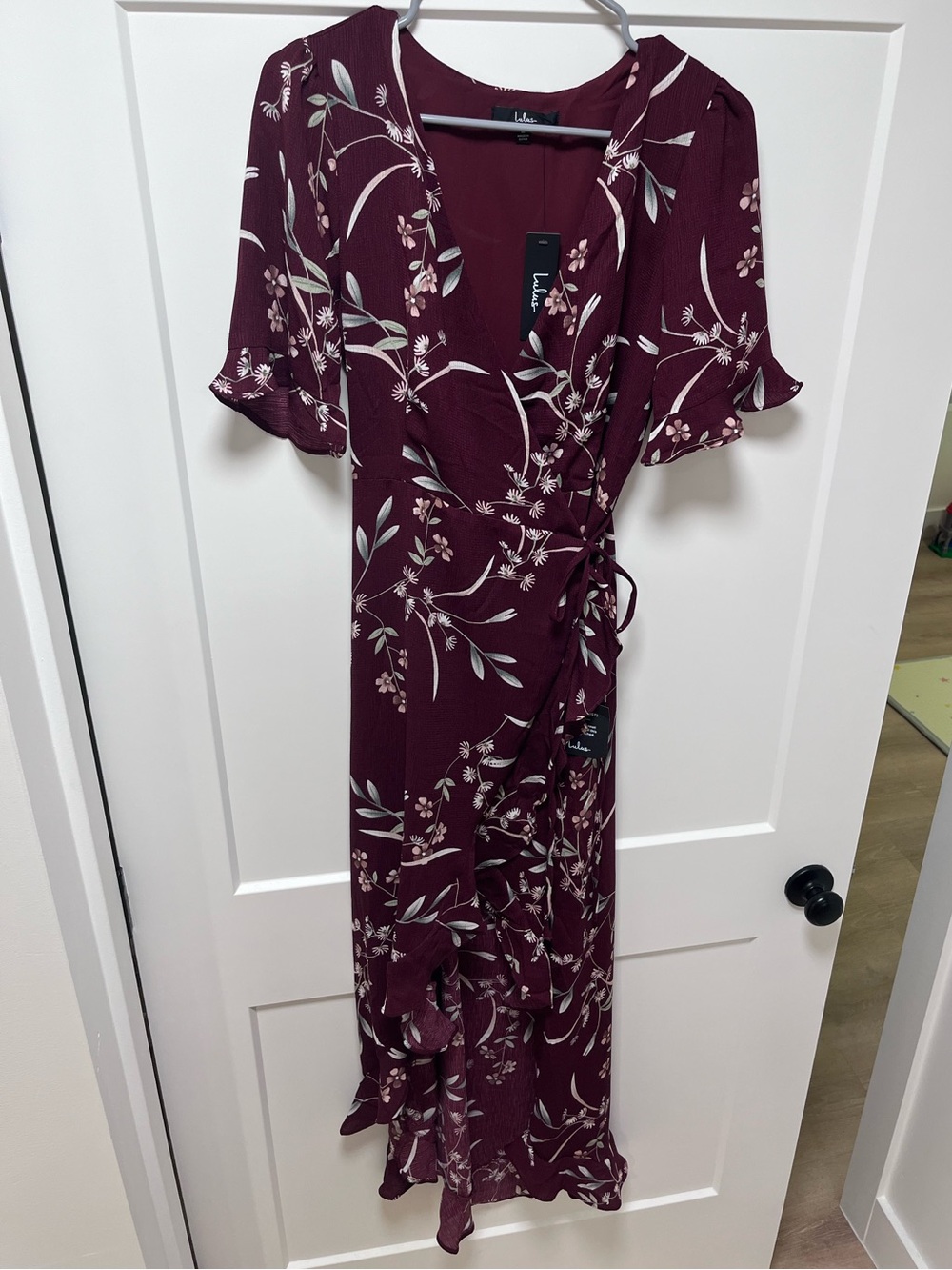 Lulu's Wine Floral Wrap Maxi Dress